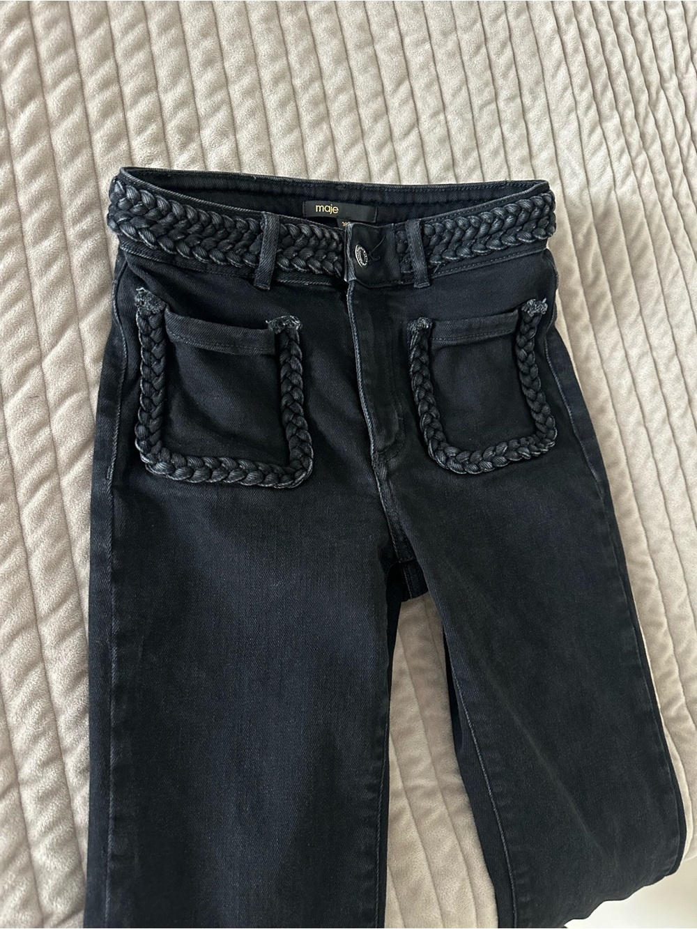 Maje Black Braided-Trim Straight Leg Jeans